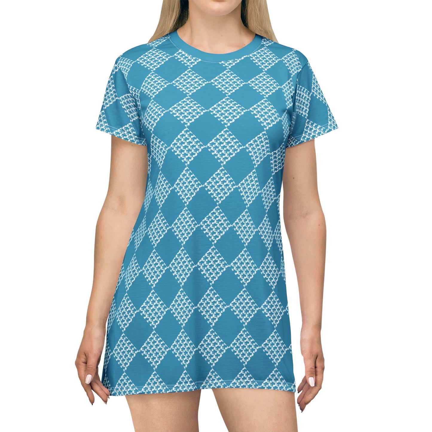Turquoise Houndstooth T-Shirt Dress