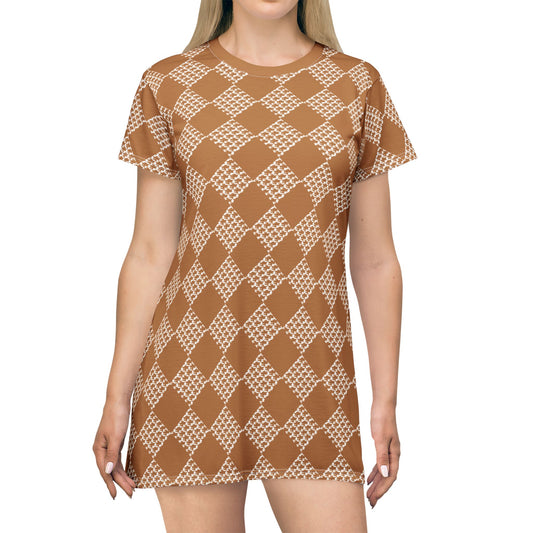 Light Brown Houndstooth  T-Shirt Dress